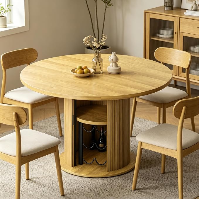 Wildhome Round Dining Table for 2-4, 31 Inch Dining Room Kitchen Table with 2-Tier Storage Shelf & Wine Rack, Modern Farmhouse Fluted Wood Slide Door Dinner Furniture,Circle(Non scalable-32 Inch-Oak)