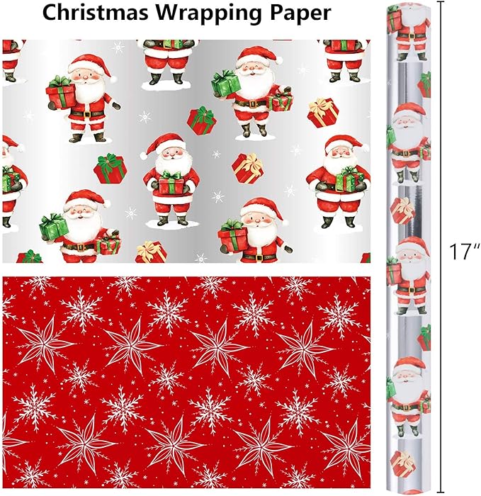 MAYPLUSS Christmas Wrapping Paper Roll - 17IN X 33FT - Gift Wrapping Paper Featuring Santa Claus Snowflake Against Red for Kids, Holiday, New Year