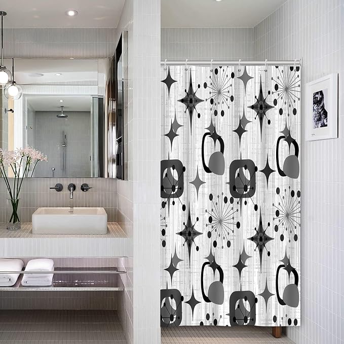 Mid Century Shower Curtain, 48x72inch, Modern Abstract Retro Grey Striped Geometric Shower Curtain Sets 1950s Boho Bathroom Shower Curtain with 8 Hooks