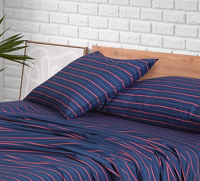 RUVANTI 100% Cotton King Size Sheets Set, 4 Pieces, Soft & Breathable Percale Weave Bedding, Deep Pocket 16", Hotel Standard, Crisp Cool Feel, Durable, Perfect Striped Bed Sheet, Nautical
