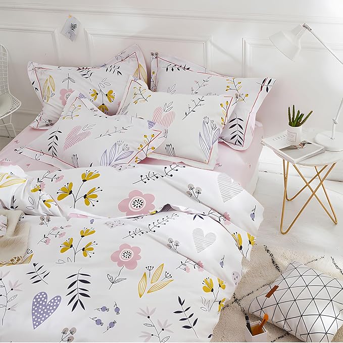 HighBuy Floral Comforter Set Queen Size 3 Piece White Pink Flower Comforter with 2 Pillow Shams Cottagecore Fluffy Comforters Soft Boho Bedding Set for Queen Bed,Lightweight,Breathable,All Season