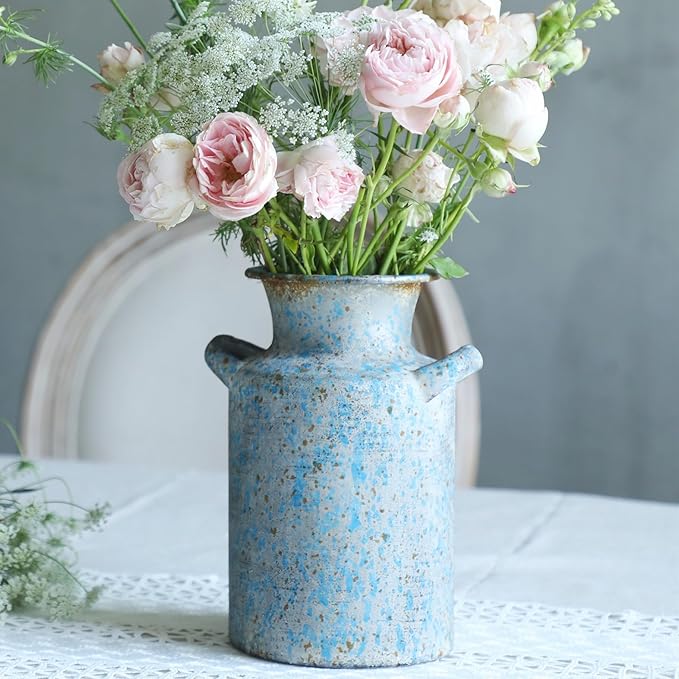 Rustic Vintage Metal Flower Vase for Decor Milk Jug Small Vases for Flowers Kitchen Decorations, Cylindrical,Perfect for Kitchen, Dining Room, Living Room,Housewarming Gift, Blue