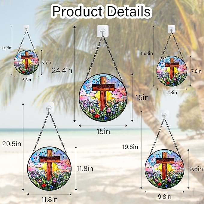 Christian Gifts for Women - Cross Stained Glass Window Hanging Jesus Easter Colorful Wildflowers Sun Catcher Garden Religion Decor Mother's Day Catholic Gift for Men Grandma Mom Her 9.8"