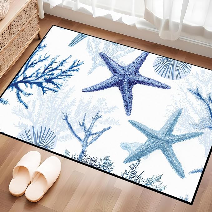 Coastal Starfish Rug 2'x3' Blue Ocean Area Rug Coral Seashell Floor Mat Washable Low Pile Carpet for Entryway Bedroom Living Room Kitchen Home Decor