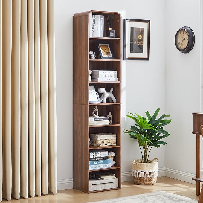 Tall Narrow Curved Bookshelf, 8-Tier Skinny Arch Bookcase for Small Space, Freestanding Storage Organizer with Adjustable Shelves, Open Display Shelves for Living Room, Entryway Bathroom (Walnut)