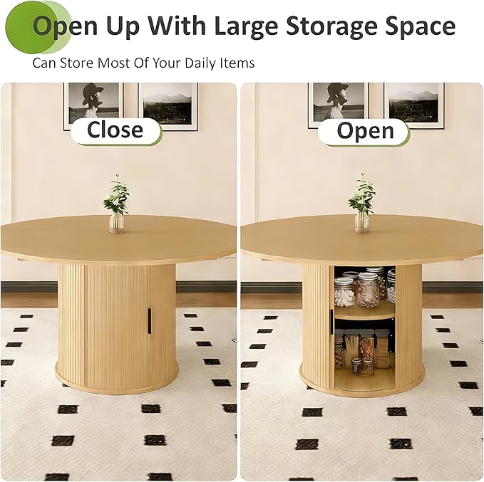 Wildhome Extendable Round Dining Table for 2-4-6, 59 Inch Dining Room Kitchen Table with 2-Tier Storage Shelf, Modern Farmhouse Fluted Wood Slide Door Dinner Furniture,Oval Circle,Oak