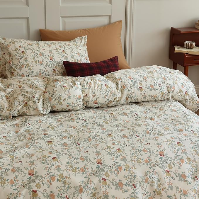 EAVD Vintage Botanical Floral Duvet Cover Queen - Soft Cotton Chic Shabby Garden Bedding Set With 2 Pillowcases, Fresh Reversible Comforter Cover With Zipper Closure