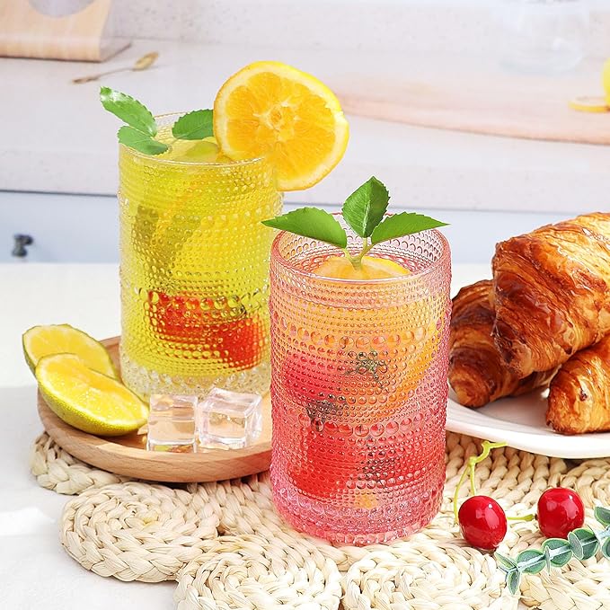 Hobnail-Drinking Glasses 13oz Vintage Glassware Sets Cocktail Juice Glasses Set of 6, Pink