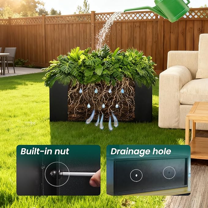 Galvanized Steel Metal Rectangular Planter Black Indoor Planter Box Steel Large Outdoor Planters 31.5" L x 16" W x 16" H Commercial Residential for Patio, Yard, Garden