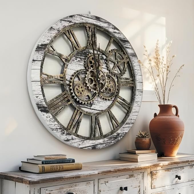 ImprovingLife The Gears Clock The Original Real Moving Gear Wall Clock Vintage Industrial Oversized Rustic Farmhouse (24 inch (60cm), Vintage Grey and White)