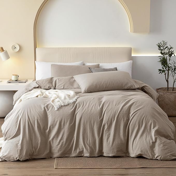 JIYUAN 100% Washed Cotton Duvet Cover Set 3 Pieces King, 1 Duvet Cover 104x90 Inches(Comforter Not Included) and 2 Pillowcases,Linen Feel Bedding Set Comfy and Breathable, Heathered Tannish Linen Grey