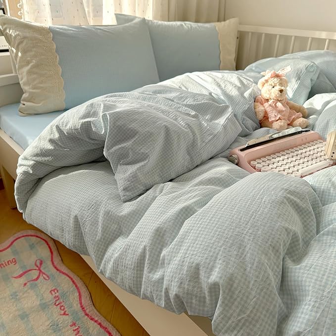 LifeTB Twin XL Comforter Set Blue Gingham Comforter with 2 Pillowcases Princess Lace Style Blue Plaid Grid Comforter Lightweight Soft Gingham Bedding Vintage Plaid Checkered Comforter Set Twin XL