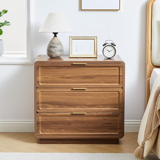 Turtle&Myrtle Modern 3 Drawer Dressers for Bedroom, 26'' Wide Wood Nightstand w/3 Storage Drawers, End Table, Dresser & Chest of Drawers with Curved Profile for Living Room Entryway, Brown