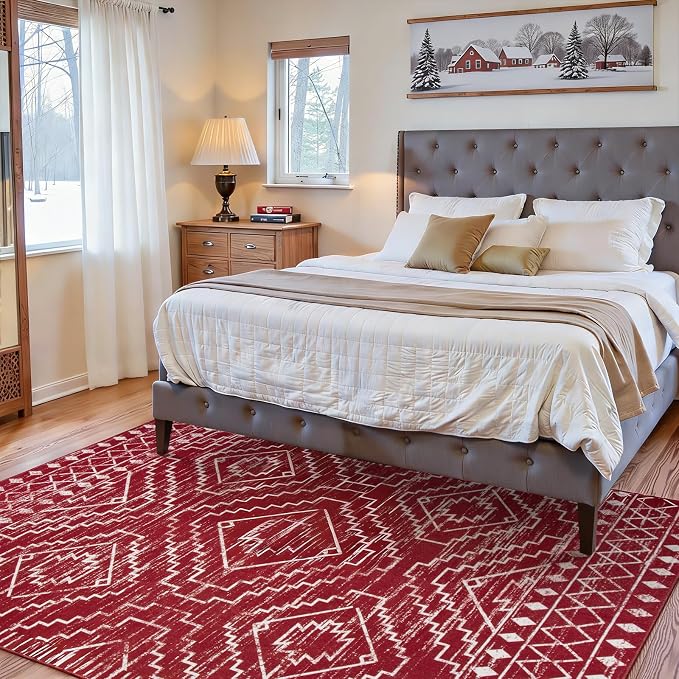 Wonnitar Moroccan Washable 2.5x8 Christmas Runner Rug for Hallway, Non-Slip Stain Resistant Kitchen Runners, Farmhouse Floor Carpet Soft Runner for Bathroom Hall Entyway (Red,2'6"x8')