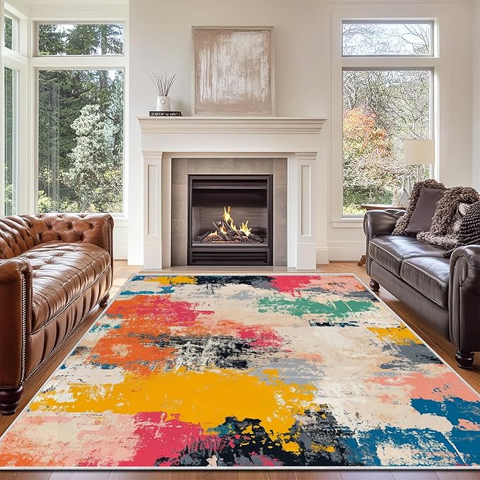 5x7 Colorful Area Rug Modern Abstract Beige Orange Yellow Pink Blue Black White Grey Rug Bedroom Low Pile Thin Large Carpet Living Room Non Slip Dining Room Stain Resistant Office Washable Machine