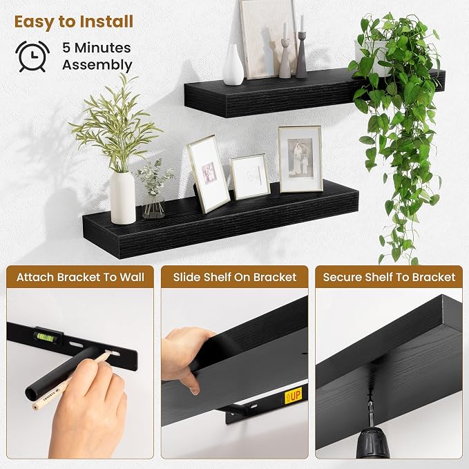 Fun Memories Floating Shelves Set of 2, 24 Inch Floating Shelves for Wall, Wood Wall Shelves with Invisible Brackets, for Bathroom, Bedroom, Living Room, Kitchen, Black