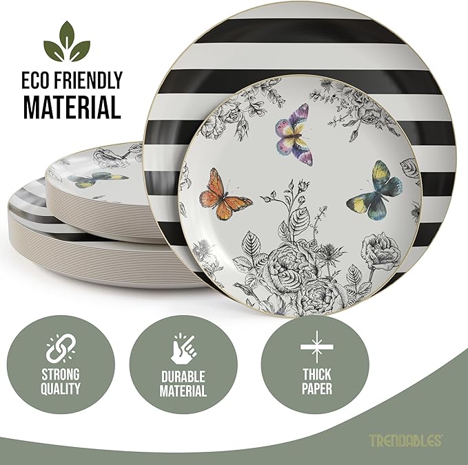 Trendables Floral Paper Plates 8.5 Inch & 10.5 Inch 80 Pcs Dinner Plate Set Fancy Disposable Plates for Party for 40 Guests 40 X 8 & 40 X 10 Large & Small Paper Plate Set for Parties Monarch