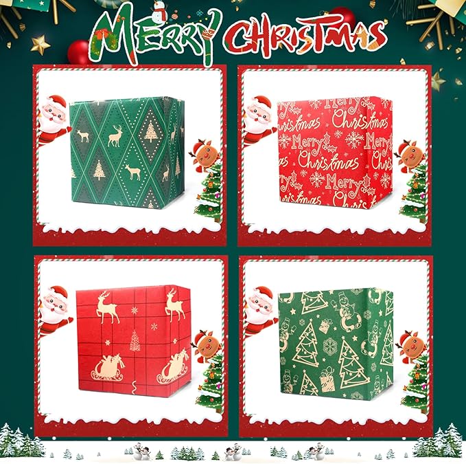 Panigkids Christmas Wrapping Paper Rolls, Red & Green Holiday Gift Wrap Featuring Reindeer, Snowflakes & Christmas Trees (17 inch x 17 ft) 4 Rolls Kraft Gift Wrapping Paper with Jute Twine
