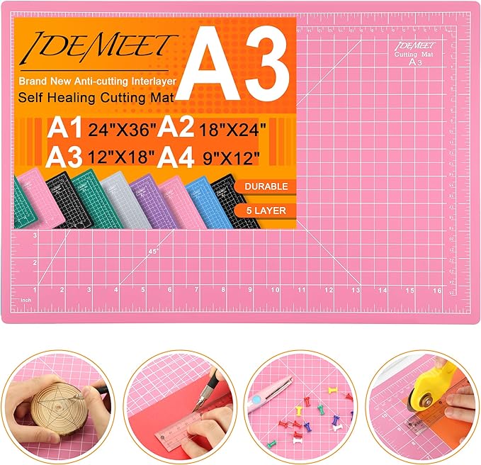 Density-upgraded 18"x12" Self Healing Cutting Mat, Idemeet Rotary Sewing Mat for Crafts, 5-Ply Blade Table Protector Cut Board for Fabric Leather Cutting Quilting Modeling Hobby Project, A3, Pink