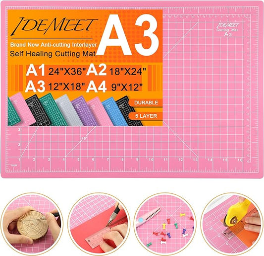 Density-upgraded 18"x12" Self Healing Cutting Mat, Idemeet Rotary Sewing Mat for Crafts, 5-Ply Blade Table Protector Cut Board for Fabric Leather Cutting Quilting Modeling Hobby Project, A3, Pink
