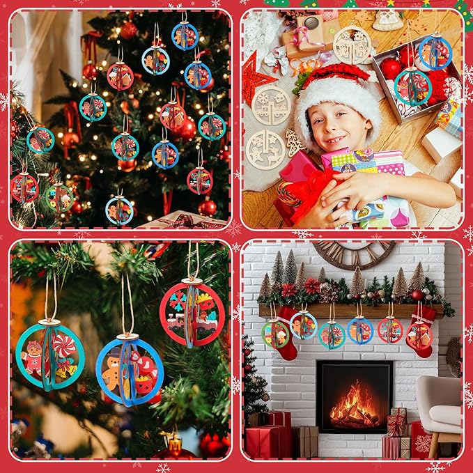 Chunful 24 Pcs DIY Christmas Wooden Ornaments 3D Unfinished Wood Crafts to Paint Christmas Hanging Cutouts Blank Hollow Wood Santa Reindeer Snowman Slice for Xmas Tree Decorations(Gingerbread)