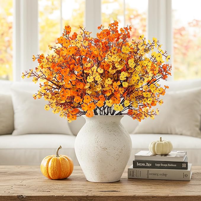 8Pcs Babys Breath Artificial Fake Fall Flowers, Real Touch Orange Yellow Plants Silk Flowers for Vase Home Office Wedding Indoor Outdoor Centerpiece Table Party Autumn Christmas Decorations