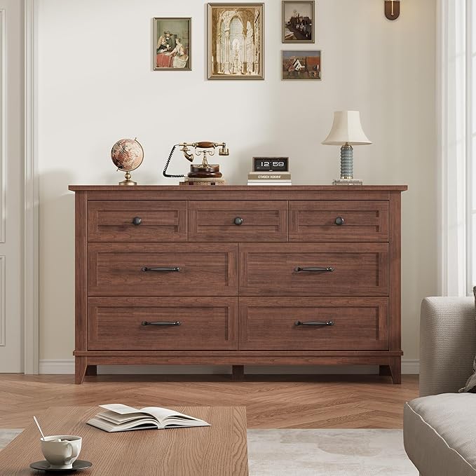 GarveeHome 7 Dresser for Bedroom, 54 in Wide Drawer Dresser with Storage Freestanding, Wooden Closet Storage Chest for Living Room, Bedroom, Entryway, Walunt
