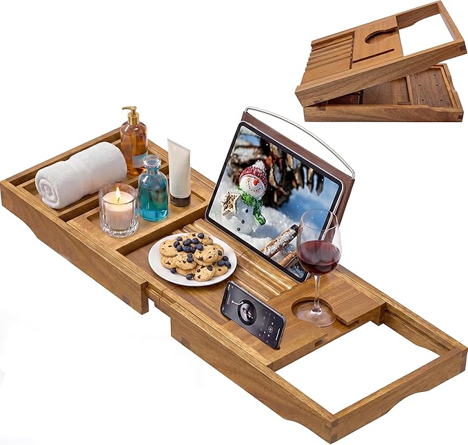 Acacia Wood Bathtub Tray Caddy,Foldable Bath Tray for Tub,Expandable Bath Table Trays,Bathtub & Bathroom Accessories for New Home & Mothers, Birthday Gifts for Mom
