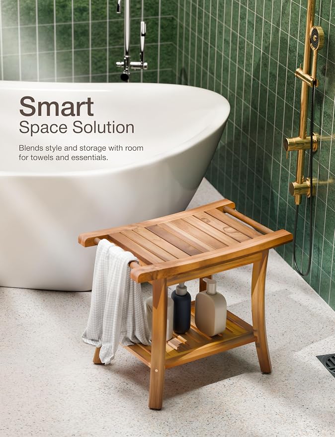 Tinamo Teak Shower Bench 22" L and Acacia Bathtub Caddy Tray 39" L Bundle