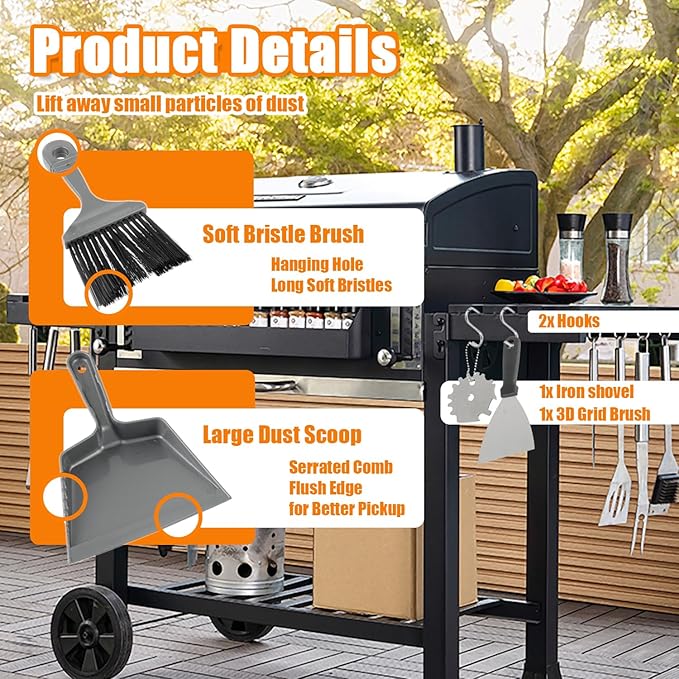HUAREW 6 Piece Pellet Grill Ash Cleaning Kit, Includes 1 Dust Scoop, 1 Soft Bristle Brush, 1 Flat Scraper, 1 3D Scraper, 2 Hook