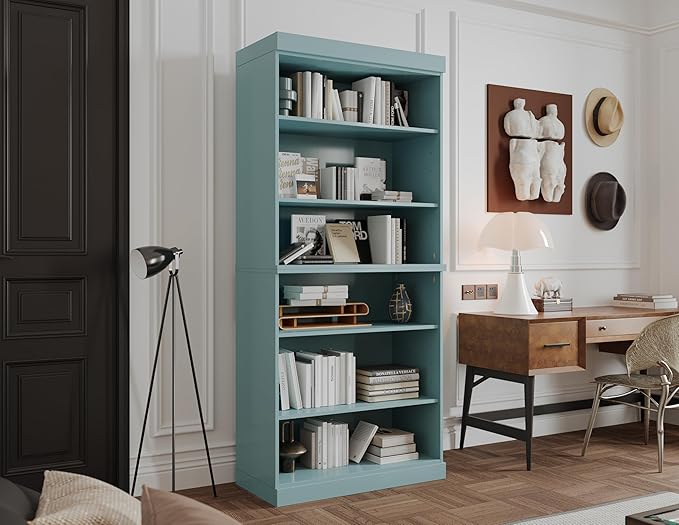 Palace Imports Solid Wood Bookcase - Stackable Modular 6-Tier Bookshelf - 71.5" Tall x 32" Wide - Aqua, Open Display Shelf for Living Room, Office, Renewable 100% Eco-Friendly Wood, Made in Brazil