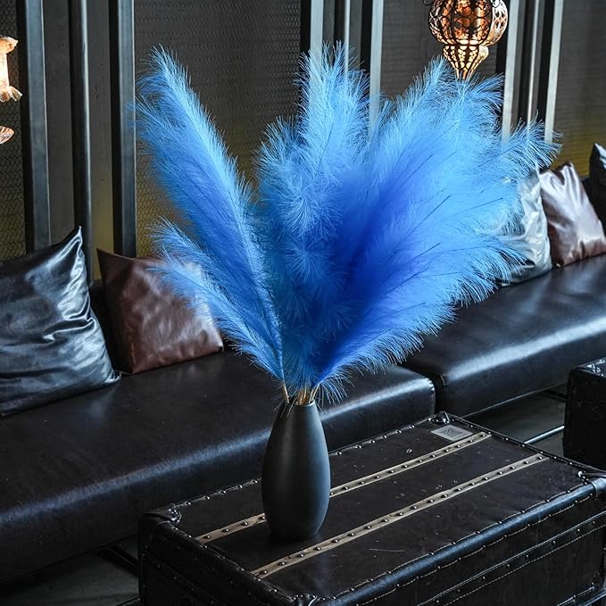 Premium Faux Pampas Grass Decor Tall & Fluffy, No Assembly Needed Long Pampas, Luxury Large Floral, Elegant Feather Flowers for Wedding Decor(Faux Navy Blue, 8pcs 43.3"(110cm))