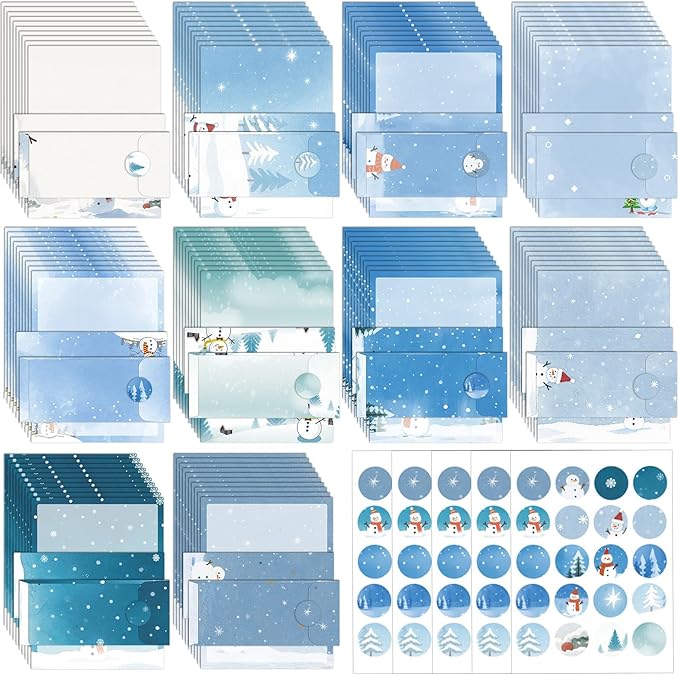 EggSun 250Pcs Christmas Winter Stationery Paper and Envelope Set with 100 Letterhead Papers and 50 Envelopes,10 Design for Letter Writing Invitations Computer Holidays Party Notes, 8.5x11 Inch-Snowman