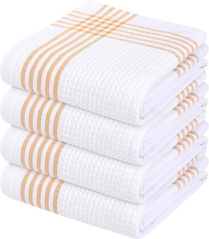 Waffle White & Mustard Yellow Set of 4 Kitchen Towels, 100% Cotton, 16x26 inches, Soft and Durable Dish Towel, Quick Dry Dishcloths, Ideal for Drying Dishes, Cleaning, Wiping