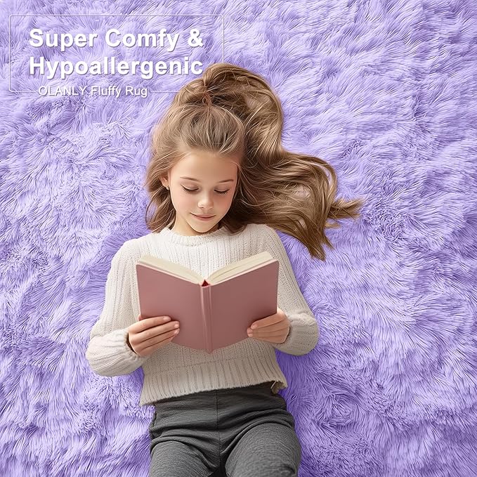 OLANLY 2x8 Machine Washable Runner Rugs for Hallway, Soft Fluffy Shaggy Bedside Rugs for Bedroom, Living Room, Indoor Floor Carpet for Kids Girl Boy, Nursery Rooms, Home Decor Aesthetic, Light Purple