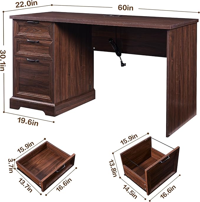 60" Farmhouse Executive Desk with Charging Station,Home Office Desk with 2 Drawers &1 File Cabinet,Fluted Computer Desk for Office and Home (Walnut)