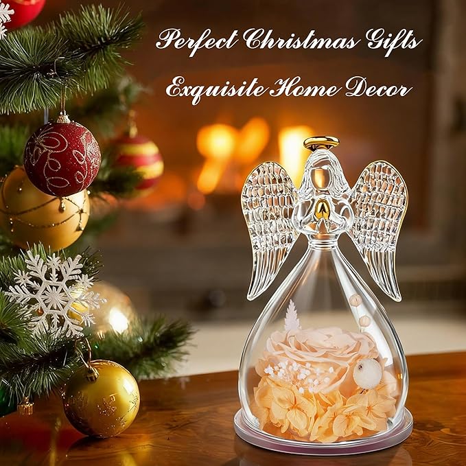Sunia Preserved Flower Rose Gift for Women - Mother's Day Birthday Gifts for Mom Wife Grandma, Glass Angel Figurines Forever Real Roses Gifts for Her Valentine Day Thanksgiving﻿ (Champagne)