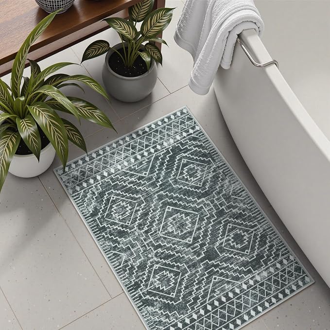 Wonnitar Moroccan Bathroom Rug,Washable 2x3 Small Bath Mat, Boho Tribal Soft Kitchen Sink Mat, Non-Slip Geometric Entry Way Rug, Low-Pile Indoor Carpet for Bedside Entrance Laundry (Dark Grey,2'x3')