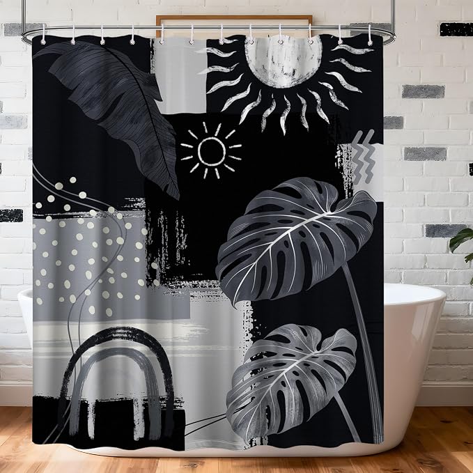 Black and Gray Mid Century Modern Shower Curtain Bohemian Abstract Dark Black and Grey Shower Curtains for Bathroom Decor Sets, Waterproof Cloth Fabric with Hooks, 70x78 Inch