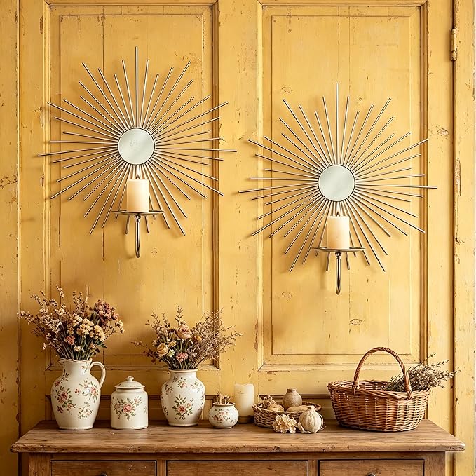 2 Set Candle Sconces Wall Decor for Living Room Metal Sunburst Mirrored Modern Gold Wall-Mounted Candle Holder Sconces Hanging Mounted Fireplace Farmhouse Wedding