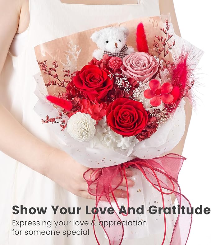 Polylove Forever Flower Bouquet Flowers for Delivery Prime Preserved Roses with Bear Gift Box for Wife Women Mother Day Anniversary Birthday (Red)