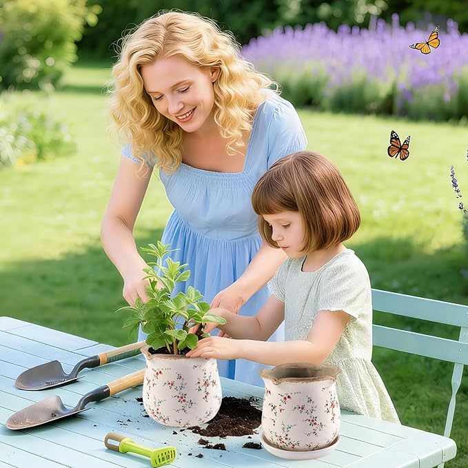 Ceramic-Planters-for-Indoor-Plants with Saucer, 6 inch Vintage Ice Crackle Glaze Plant Pots with Drainage Holes, Decorative Flower Pots for Outdoor Garden Home Decor, Tuscan Pot for Plant