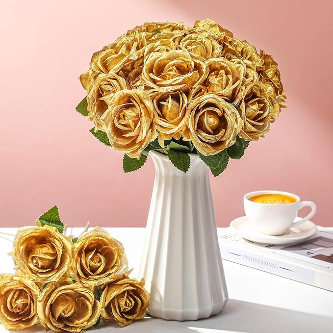30 Pcs Rose Artificial Flowers in Bulk Real Touch Long Stem Silk Roses Bouquets Realistic Faux Flowers for Wedding Bridal Shower Home Decor Floral Arrangements Table Centerpiece(Gold)