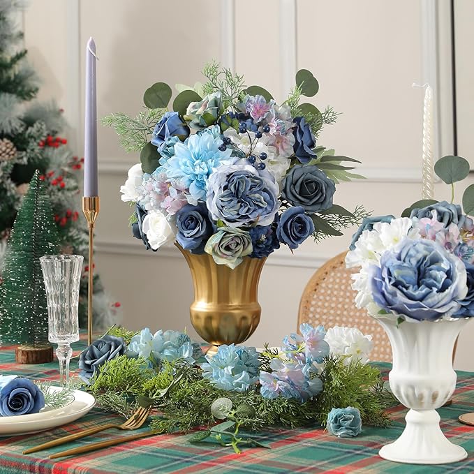 Floweroyal 2 Layers Artificial Flowers Combo Dusty Blue Flowers Mix Silk Flowers Dahlia Roses with Stems for Wedding Bridal Bouquets, Baby Shower, Floral Arrangement, Table Centerpieces