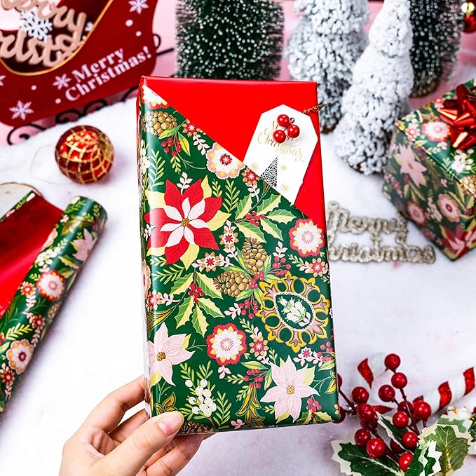 MAYPLUSS Christmas Wrapping Paper Roll - 17IN X 33FT - Vintage Gift Wrapping Paper Featuring Christmas Flower Against Green Reversible Red for Kids, Holiday, New Year