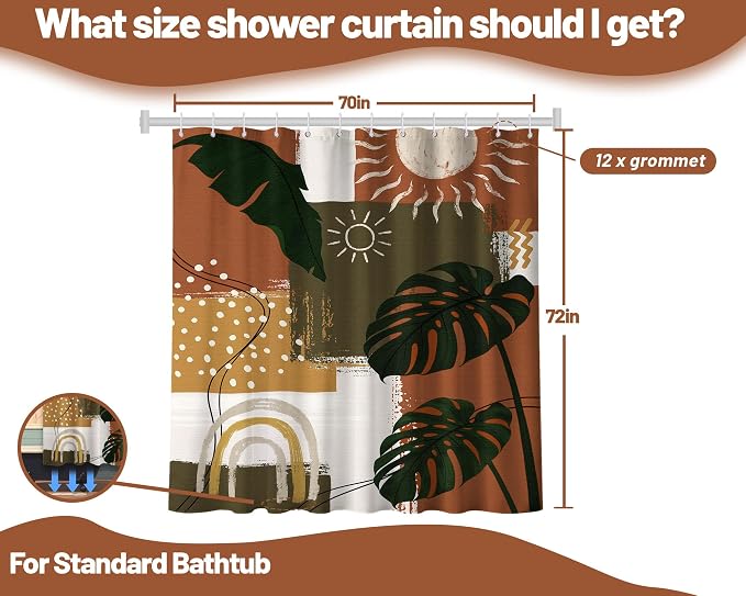Mid Century Modern Shower Curtain Boho Abstract Tropical Leaf Shower Curtains for Bathroom Decor Sets, Waterproof Cloth Fabric with Hooks, 70x72 Inch