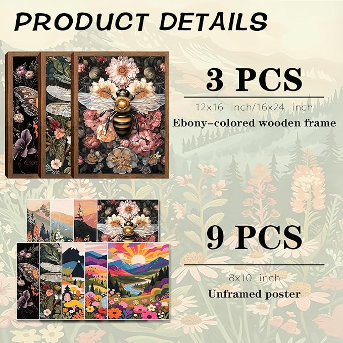 Retro Insect Bee Butterfly Dragonfly Wall Art Set Of 3 24x16In Wood Framed, with 9 Bonus Posters 8"x10", Nature plant Canvas Decoration Paintings Artwork for Office Bedroom Living Room Home Decor