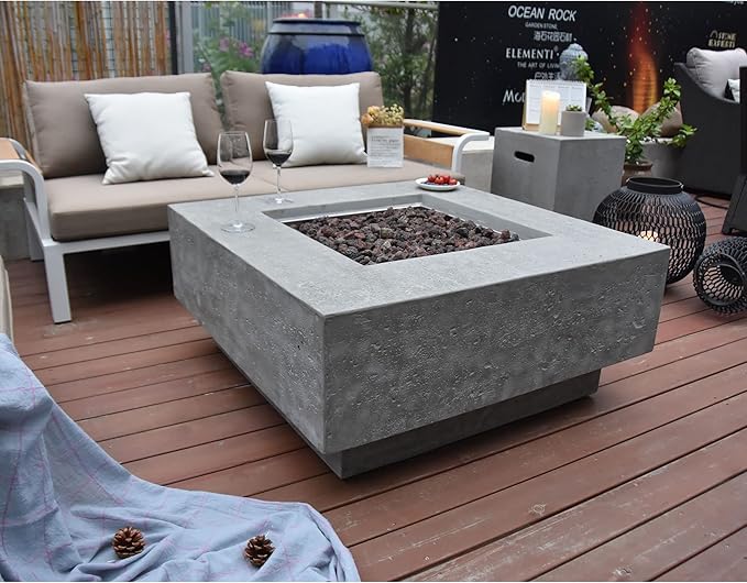Elementi Manhattan Concrete Fire Pit 36" x 36" Outdoor Patio Firepit Includes Lava Rocks Modern Fire Pits & Outdoor Fireplaces for Garden, Deck, Indoor & Outdoor Heating