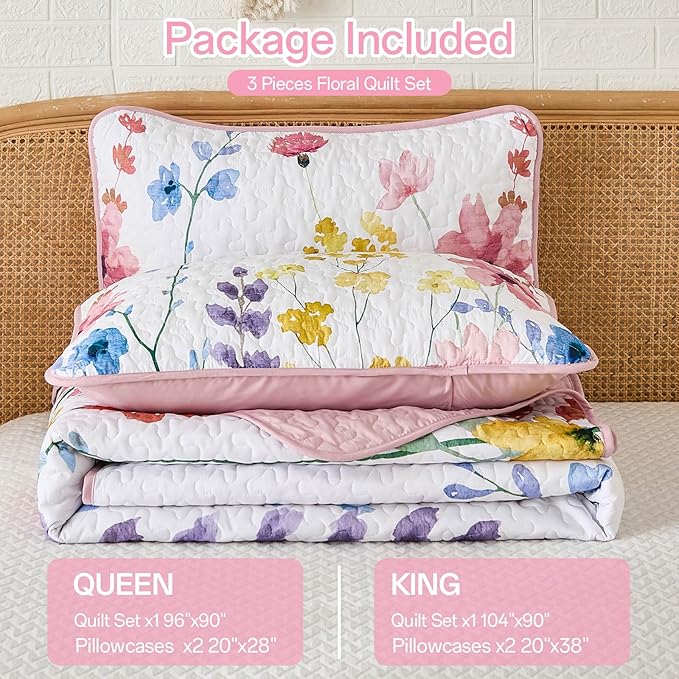 Anibedding King Quilt Set, Pink Floral Bedspread Soft Microfiber Lightweight King Size Quilt Bedding Sets Reversible Flower Coverlet for All Season(King, 104"x90")