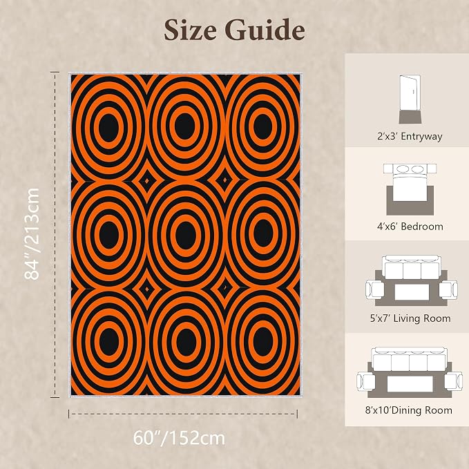Retro Rings Area Rug 5x7, Optical Geometric Circle Rug, Bold Retro Pattern Carpet for Living Room Bedroom, Non Slip Soft Area Rug